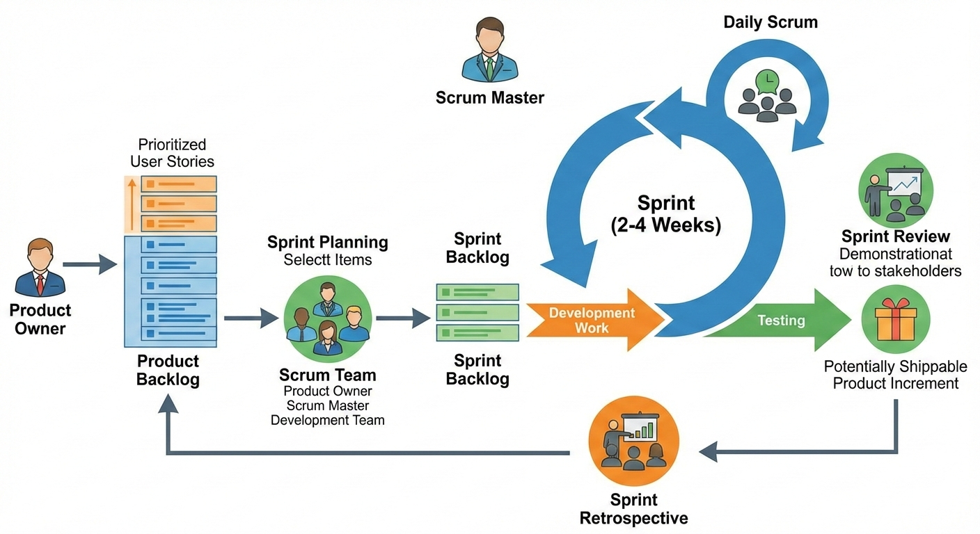Minh hoạ quy trình Scrum: Product Backlog, Sprint Planning, Sprint Backlog, Sprint, Daily Scrum, Sprint Review, Sprint Retrospective, Increment